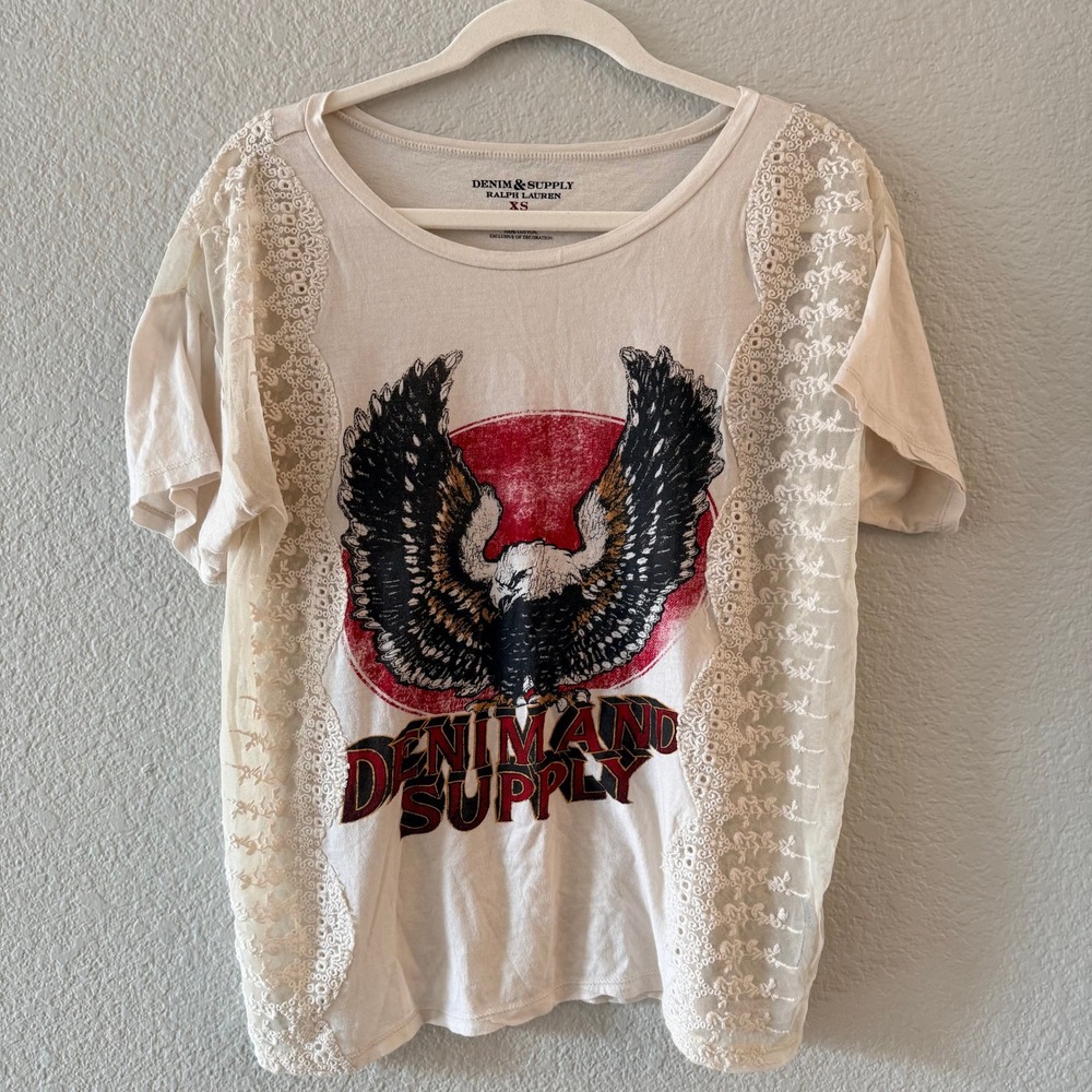 Denim & Supply Ralph Lauren Graphic Tee Womens XS White Eagle Lace Mesh Boho